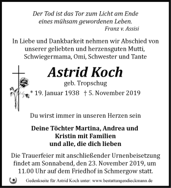 Traueranzeige von Astrid Koch von Märkische Oderzeitung