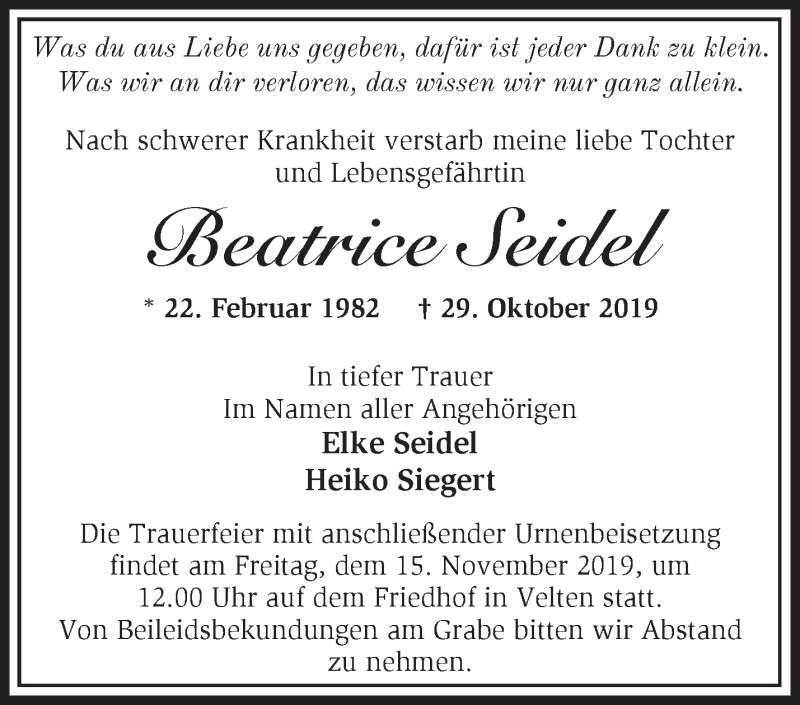  Traueranzeige für Beatrice Seidel vom 09.11.2019 aus Märkische Oderzeitung