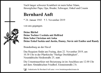 Traueranzeige von Bernhard Anft von Märkische Oderzeitung