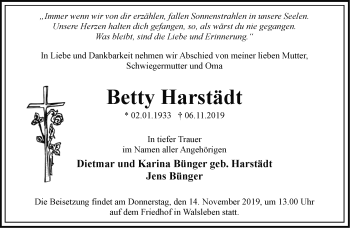 Traueranzeige von Betty Harstädt von Märkische Oderzeitung