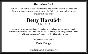 Traueranzeige von Betty Harstädt von Märkische Oderzeitung