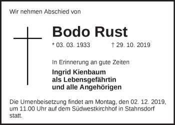 Traueranzeige von Bodo Rust von Märkische Oderzeitung