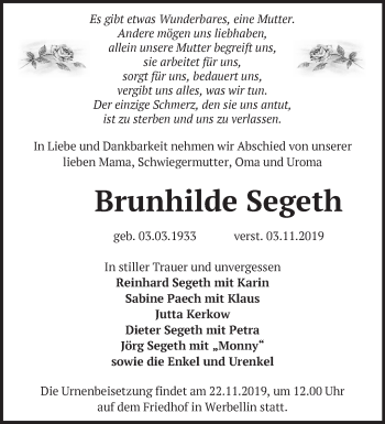 Traueranzeige von Brunhilde Segeth von Märkische Oderzeitung