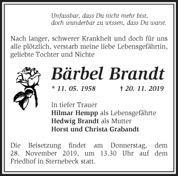 Traueranzeige von Bärbel Brandt von Märkische Oderzeitung