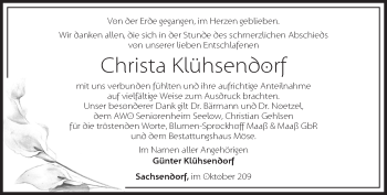 Traueranzeige von Christa Klühsendorf von Märkische Oderzeitung