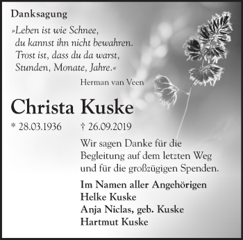 Traueranzeige von Christa Kuske von Märkische Oderzeitung