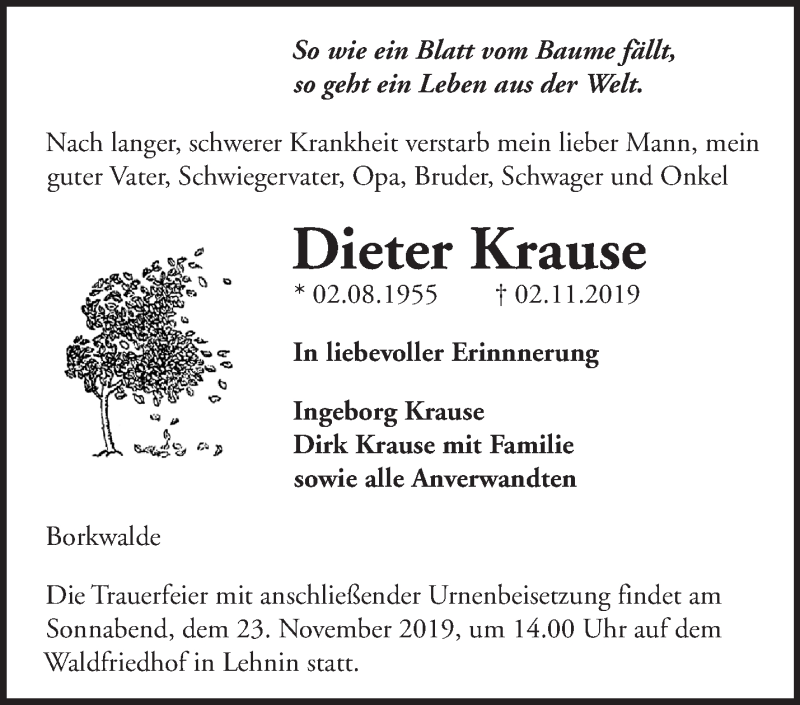  Traueranzeige für Dieter Krause vom 10.11.2019 aus Märkische Oderzeitung