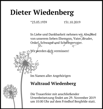 Traueranzeige von Dieter Wiedenberg von Märkische Oderzeitung