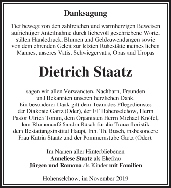 Traueranzeige von Dietrich Staatz von Märkische Oderzeitung