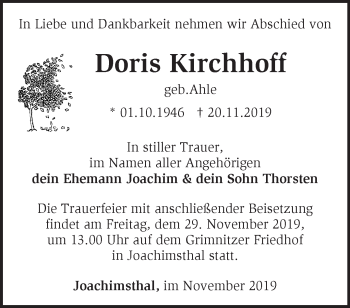 Traueranzeige von Doris Kirchhoff von Märkische Oderzeitung