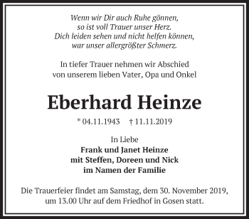 Traueranzeige von Eberhard Heinze von Märkische Oderzeitung