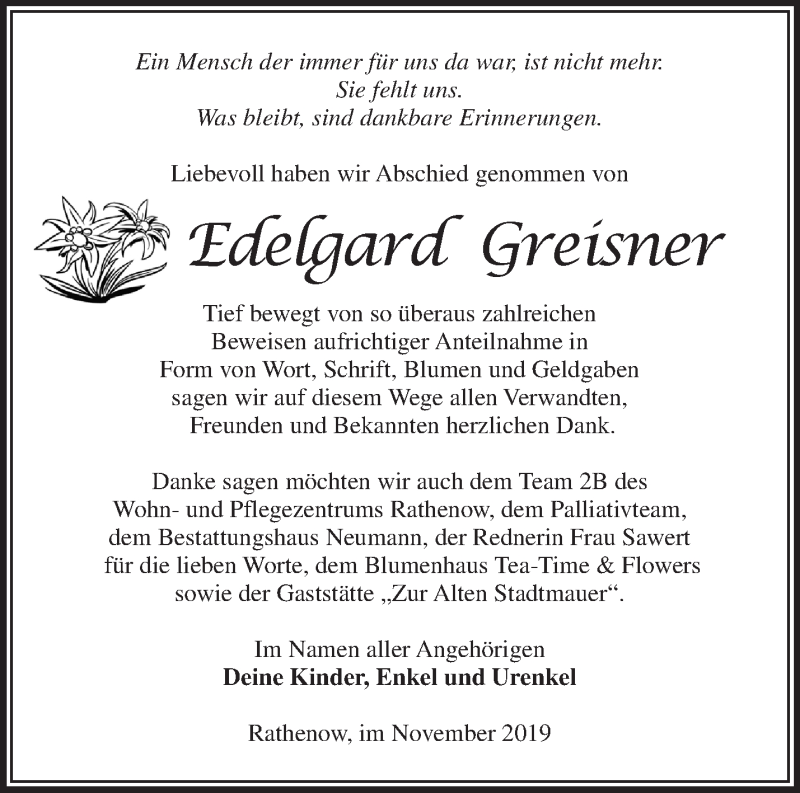  Traueranzeige für Edelgard Greisner vom 10.11.2019 aus Märkische Oderzeitung
