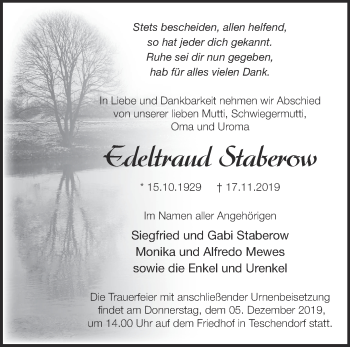 Traueranzeige von Edeltraud Staberow von Märkische Oderzeitung