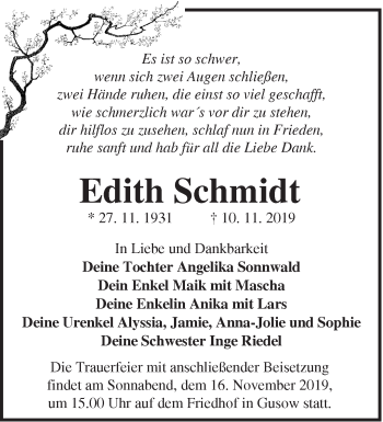 Traueranzeige von Edith Schmidt von Märkische Oderzeitung