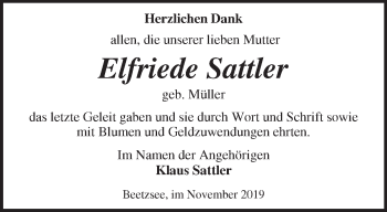 Traueranzeige von Elfriede Sattler von Märkische Oderzeitung