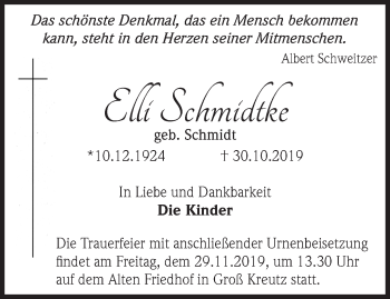 Traueranzeige von Elli Schmidtke von Märkische Oderzeitung