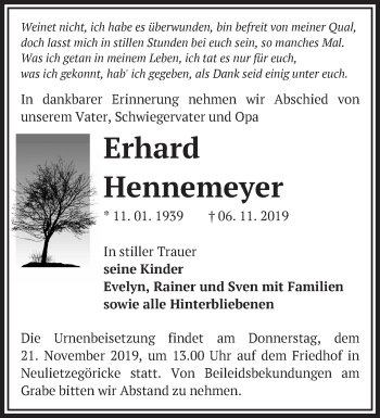 Traueranzeige von Erhard Hennemeyer von Märkische Oderzeitung