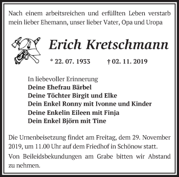 Traueranzeige von Erich Kretschmann von Märkische Oderzeitung