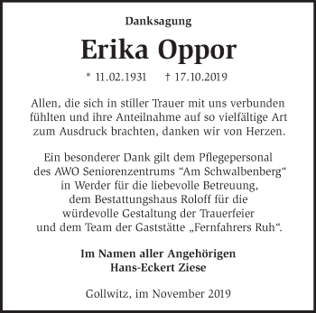 Traueranzeige von Erika Oppor von Märkische Oderzeitung