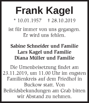 Traueranzeige von Frank Kagel von Märkische Oderzeitung