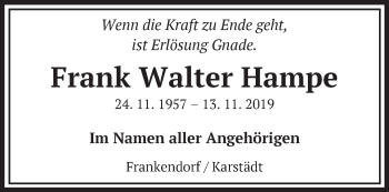 Traueranzeige von Frank Walter Hampe von Märkische Oderzeitung