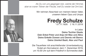 Traueranzeige von Fredy Schulze von Märkische Oderzeitung