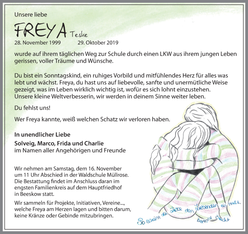  Traueranzeige für Freya Teske vom 09.11.2019 aus Märkische Oderzeitung