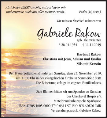 Traueranzeige von Gabriele Rakow von Märkische Oderzeitung