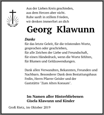 Traueranzeige von Georg Klawunn von Märkische Oderzeitung