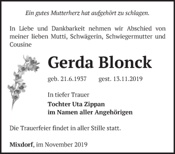 Traueranzeige von Gerda Blonck von Märkische Oderzeitung