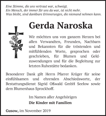 Traueranzeige von Gerda Naroska von Märkische Oderzeitung