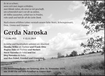 Traueranzeige von Gerda Naroska von Märkische Oderzeitung