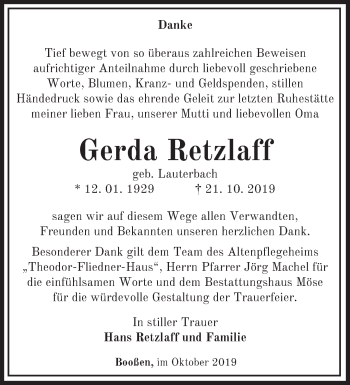 Traueranzeige von Gerda Retzlaff von Märkische Oderzeitung