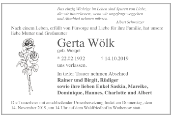 Traueranzeige von Gerta Wölk von Märkische Oderzeitung