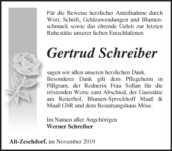 Traueranzeige von Gertrud Schreiber von Märkische Oderzeitung