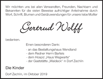 Traueranzeige von Gertrud Wolff von Märkische Oderzeitung