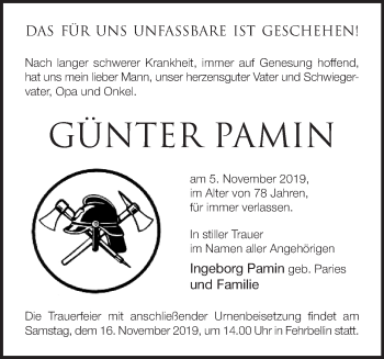 Traueranzeige von Günter Pamin von Märkische Oderzeitung