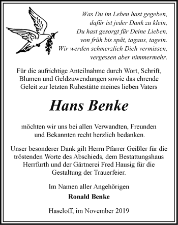 Traueranzeige von Hans Benke von Märkische Oderzeitung