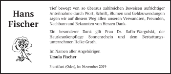 Traueranzeige von Hans Fischer von Märkische Oderzeitung