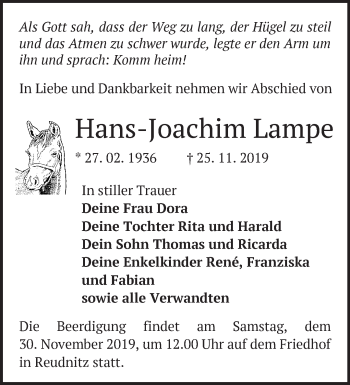 Traueranzeige von Hans-Joachim Lampe von Märkische Oderzeitung