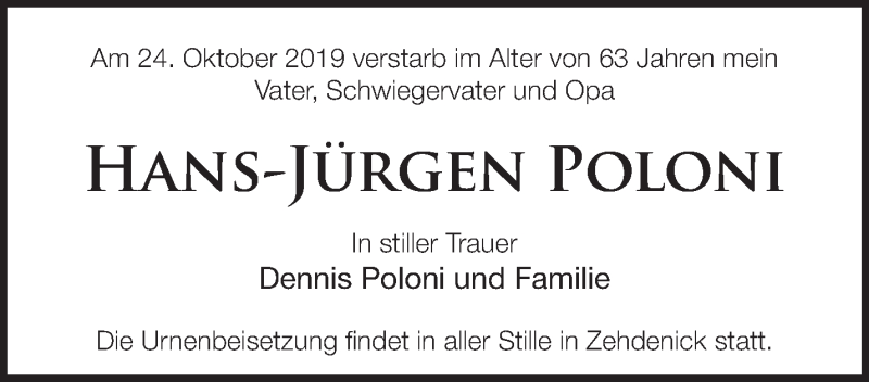  Traueranzeige für Hans-Jürgen Poloni vom 09.11.2019 aus Märkische Oderzeitung