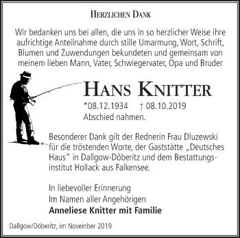 Traueranzeige von Hans Knitter von Märkische Oderzeitung