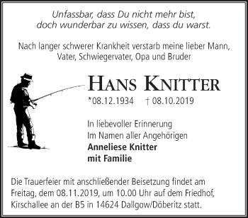 Traueranzeige von Hans Knitter von Märkische Oderzeitung