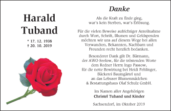 Traueranzeige von Harald Tuband von Märkische Oderzeitung