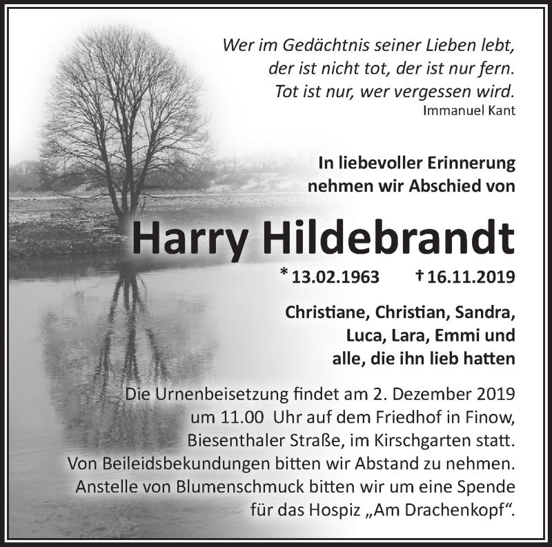  Traueranzeige für Harry Hildebrandt vom 24.11.2019 aus Märkische Oderzeitung