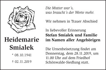 Traueranzeige von Heidemarie Smialek von Märkische Oderzeitung