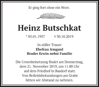 Traueranzeige von Heinz Butschkat von Märkische Oderzeitung