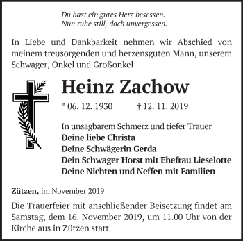 Traueranzeige von Heinz Zachow von Märkische Oderzeitung