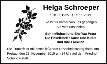 Traueranzeige von Helga Schroeper von Märkische Oderzeitung