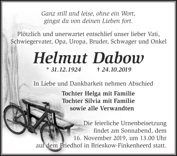 Traueranzeige von Helmut Dabow von Märkische Oderzeitung